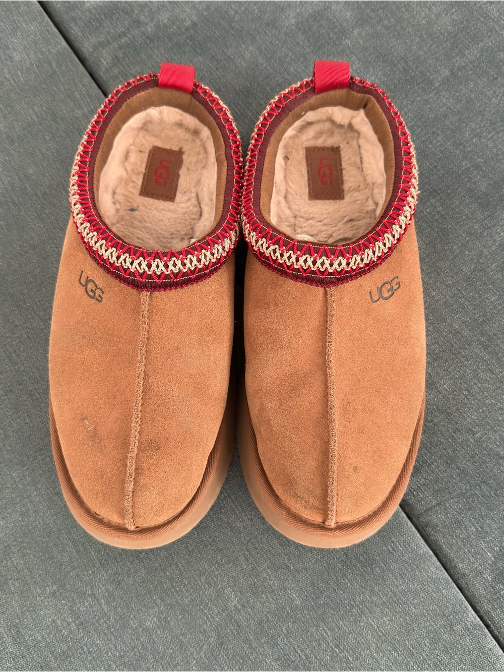 UGG Women Tasman Slip-On Shearling Lined Suede Slippers - Chestnut with Red Trim
